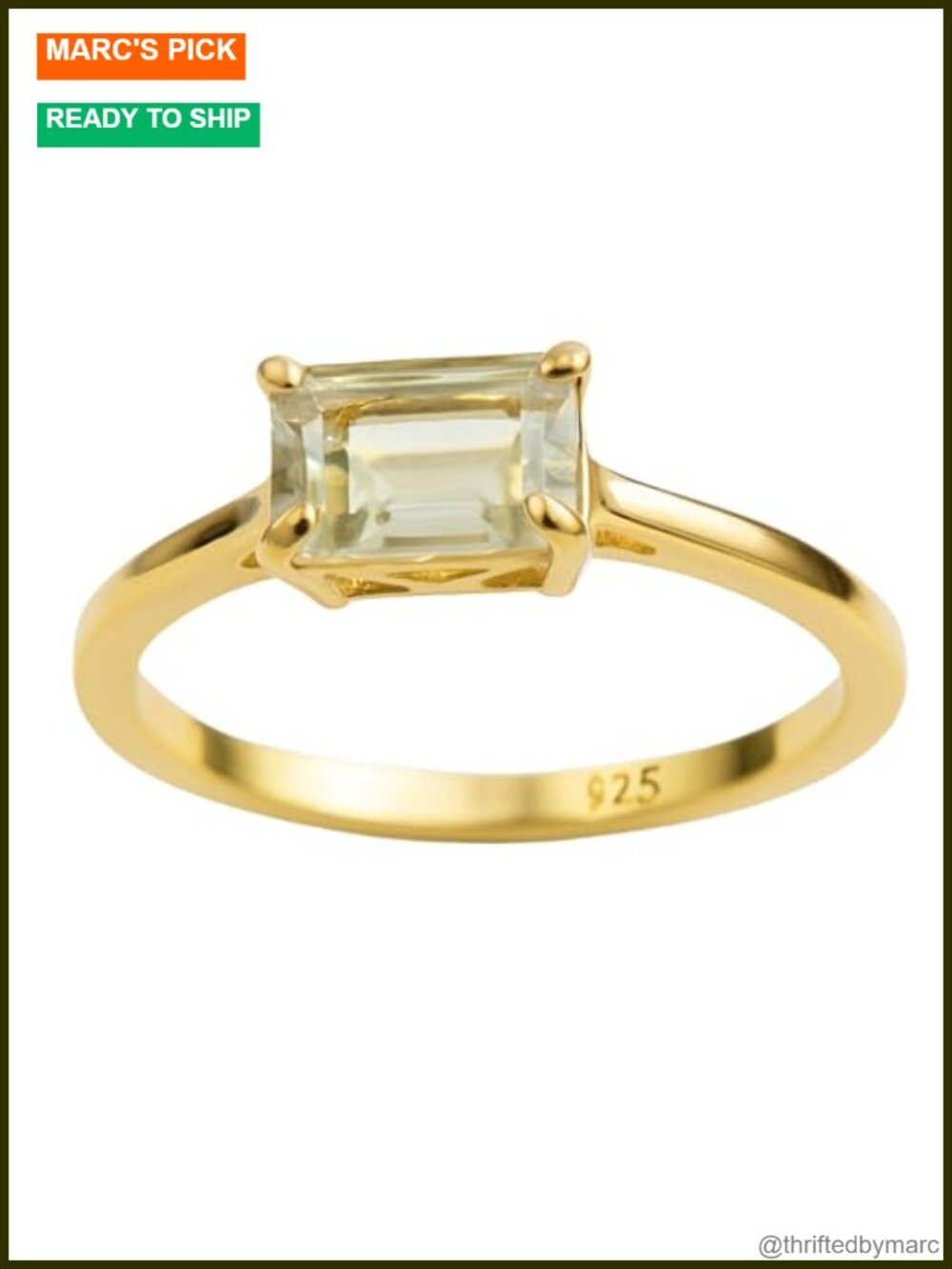 Green Amethyst Baguette Ring 925 Sterling Silver Gold Plated East-West